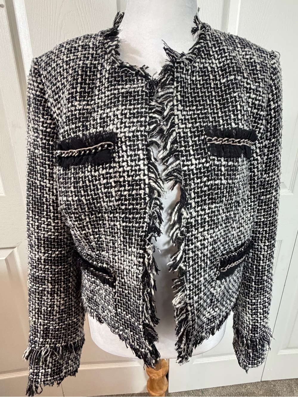 INC International Concepts Tweed Blazer Fringe Chain Jacket Black White Women M